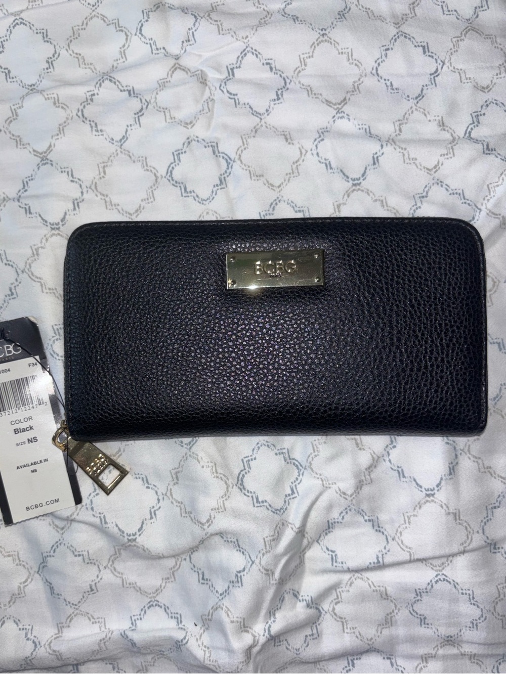BCBG Black Pebbled Zip-Around Wallet with Gold Plaque